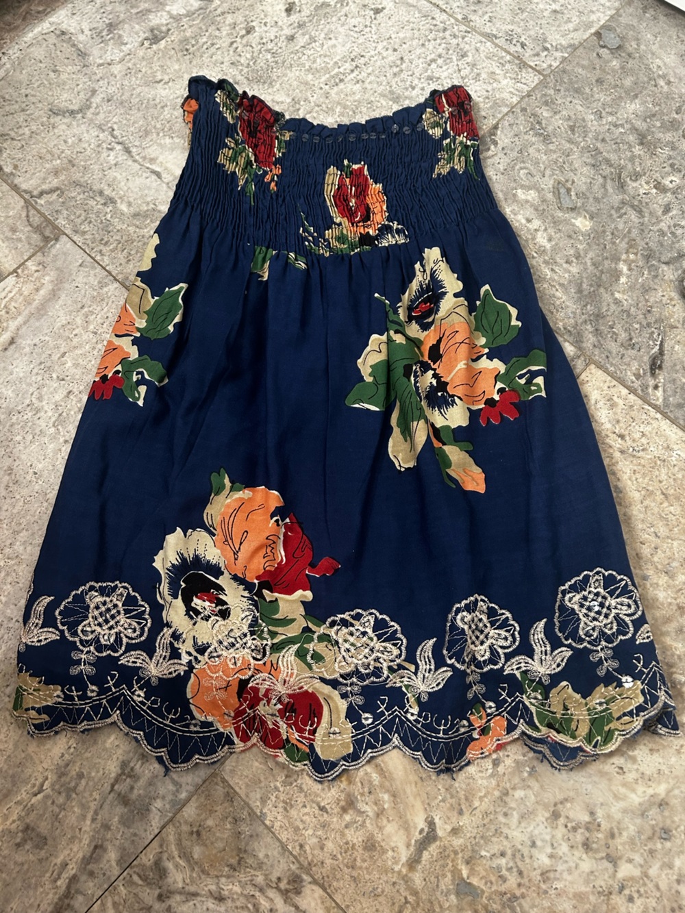 Fun & Flirt Navy Floral Smocked Strapless Babydoll Tunic Top Size S